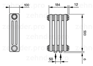 Схема (чертеж) Радиатор Zehnder Charleston 3050/4 №5410 Белый глянцевый RAL 9016